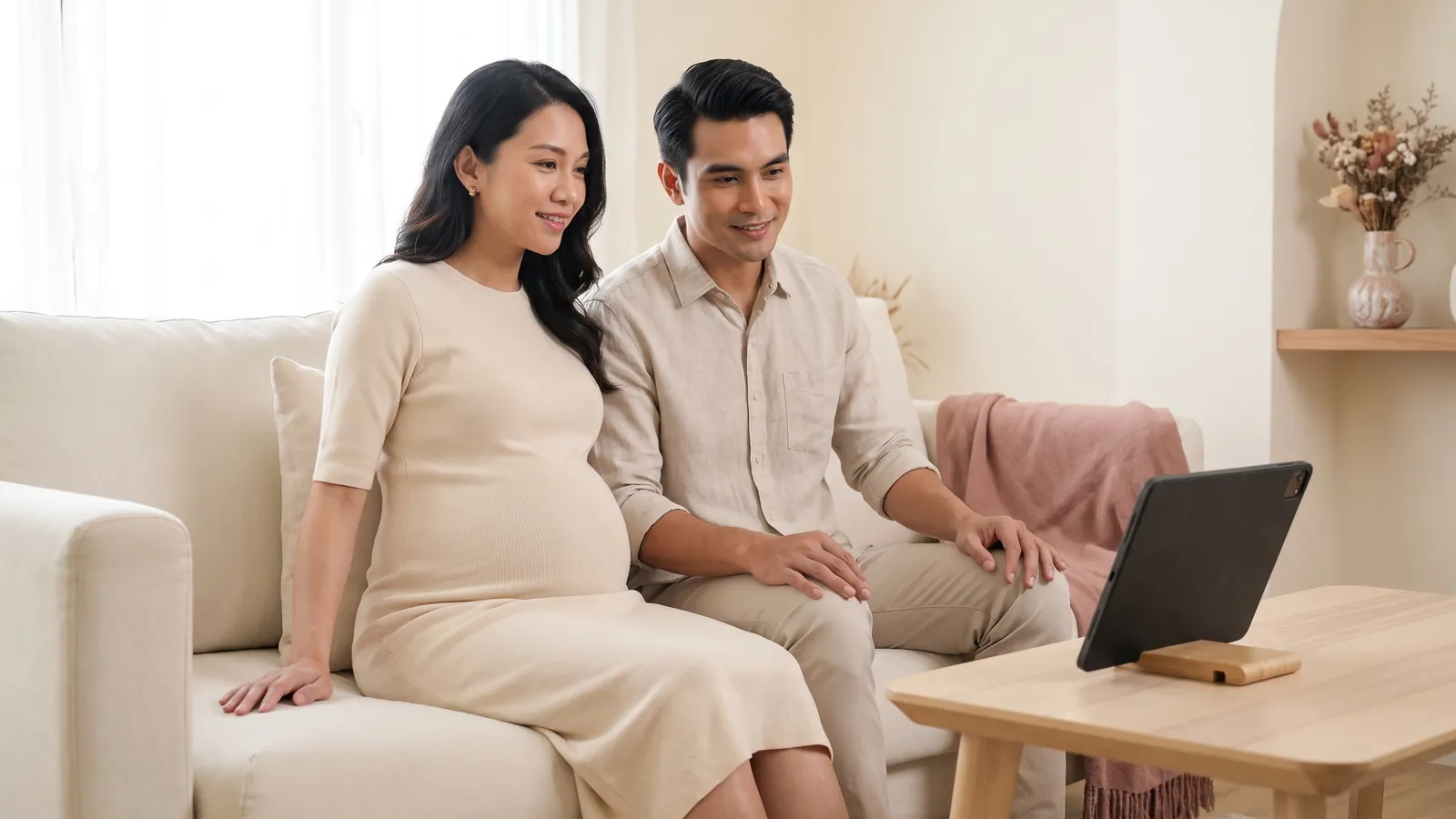 An expectant couple watching a lesson together on a tablet at home